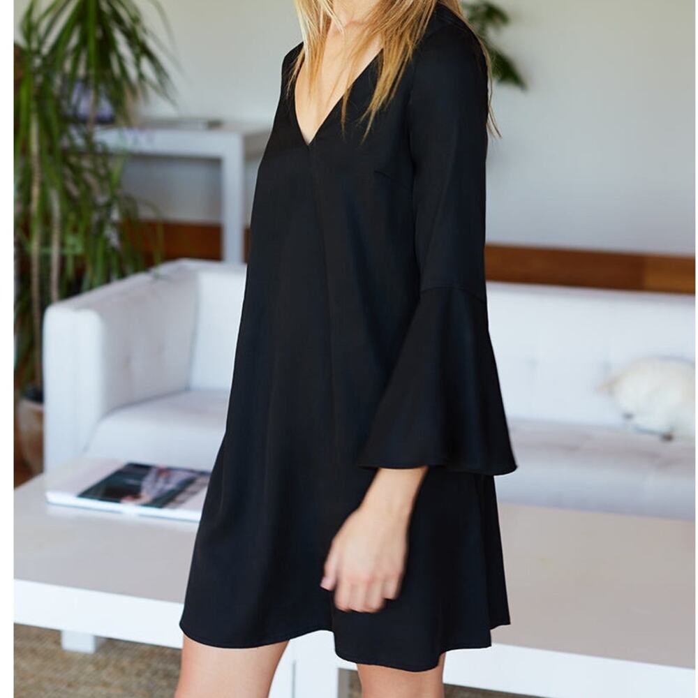 Emerson Fry Bell Sleeve Dress 4 Black Crepe Shift Mod Ruffle V Neck Mini LBD